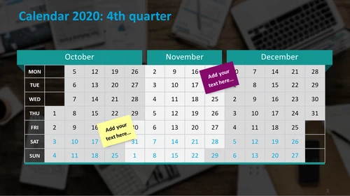 Quarterly calendar 2020 template with place for notes