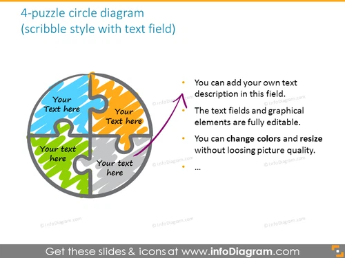 puzzle circle quarter third diagram colors red grey ppt icon