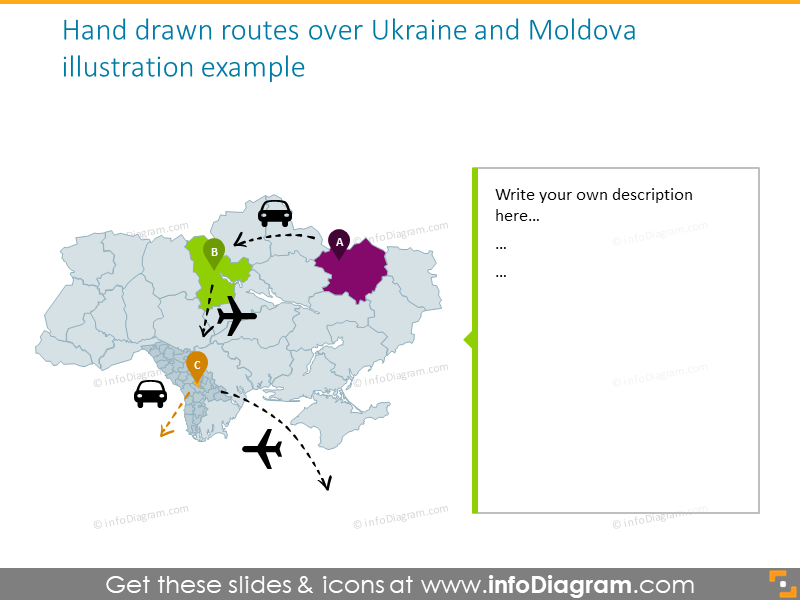 Hand drawn routes over Ukraine and Moldova illustration example​