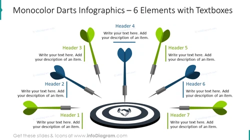 Monocolor darts infographics for six elements with textboxes