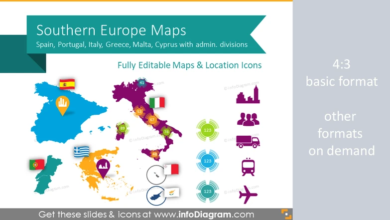 Southern Europe Maps with Administrative Territories (Spain, Italy PPT editable Maps)
