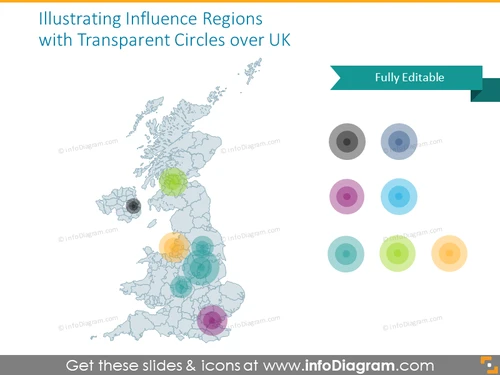 Influence UK regions map illustrated with transparent circles