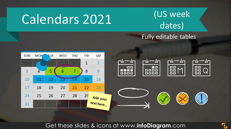 Calendars 2021 timelines graphics US format (PPT tables and icons)