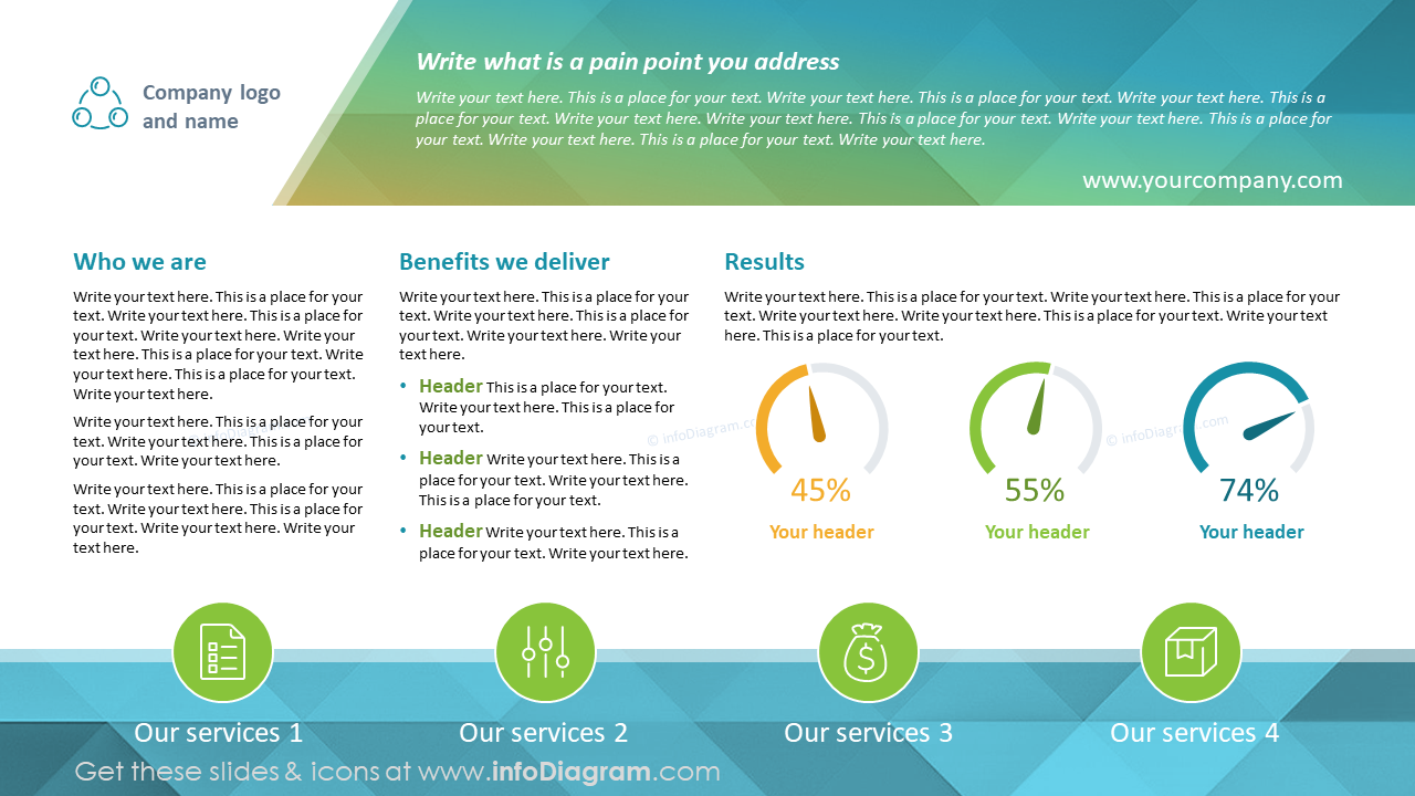 Company Overview Onepager, 4 Columns Layout with Benefits, Results, Services And Pain Points