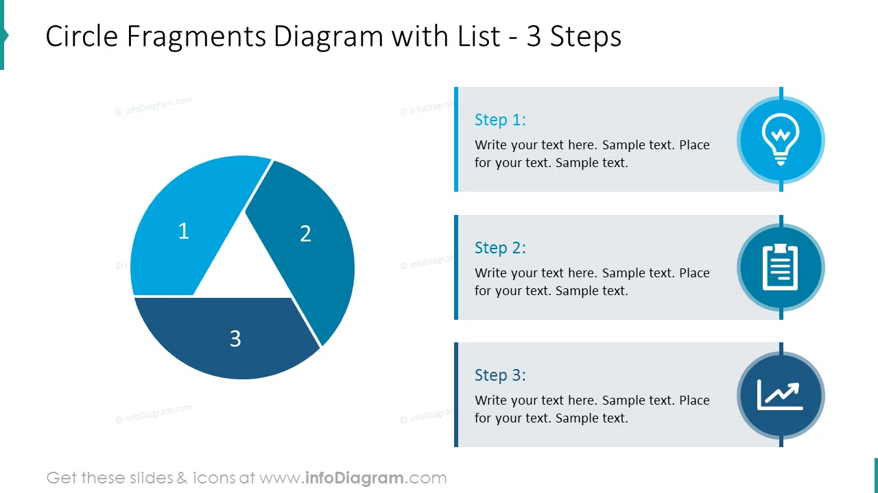 Circle fragments diagram drawing list of 3 steps