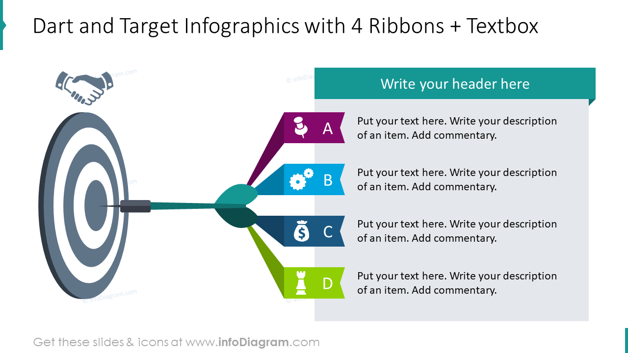 Dart and target infographics for four ribbons and textbox