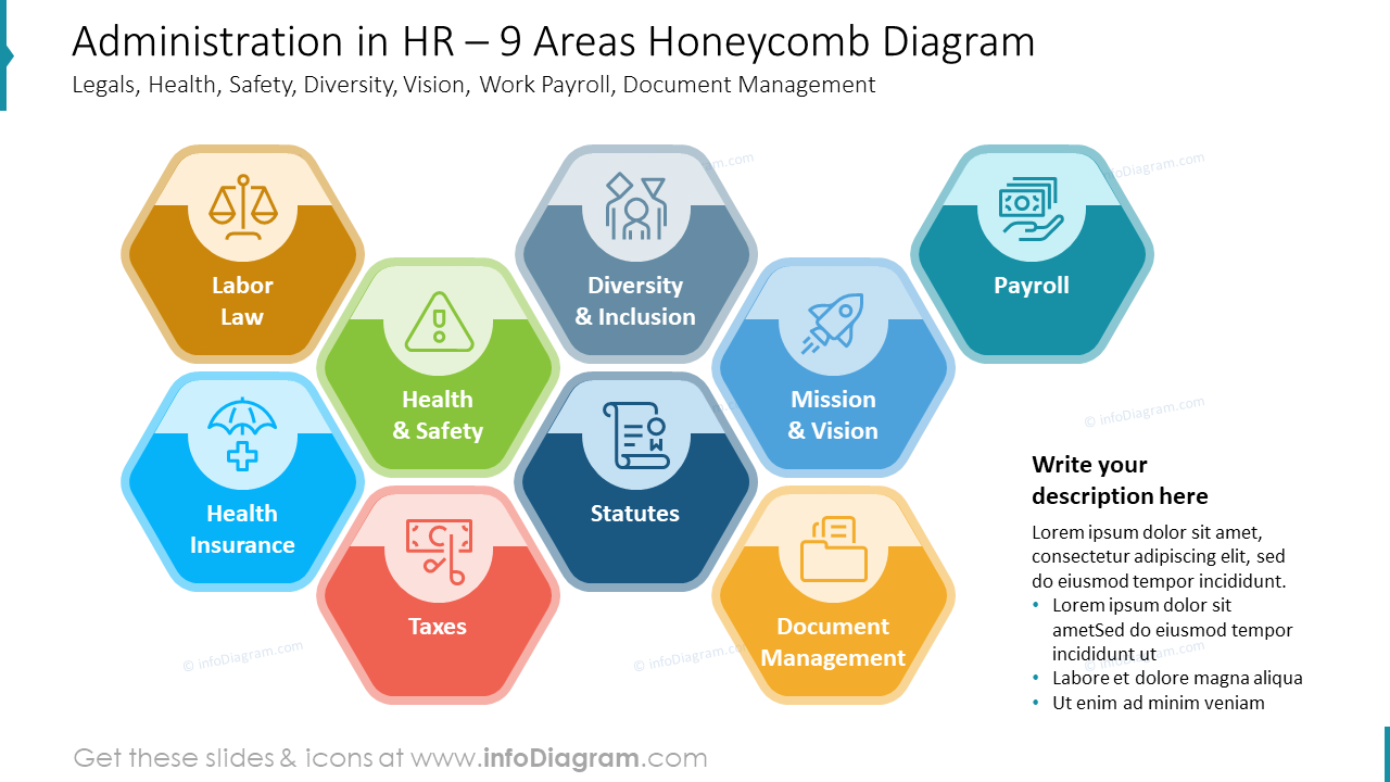Administration in HR – 9 Areas Honeycomb Diagram