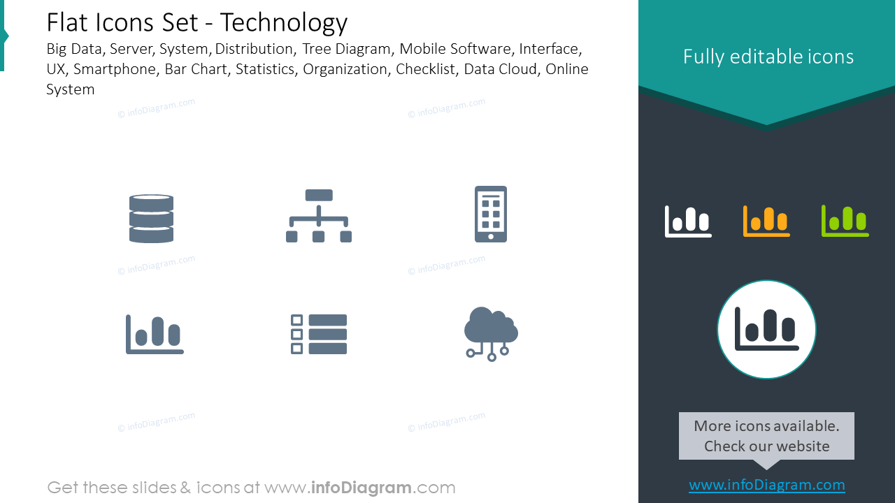 Flat icons set: technology big data, server, system