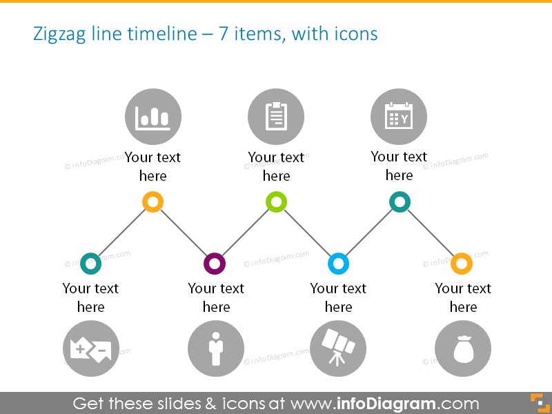 Zigzag line timeline for 7 elements with icons
