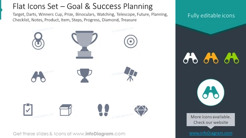 Flat icons set: goal, success planning target, darts, winners cup, prize