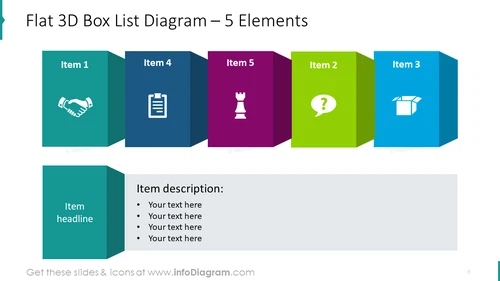 Flat 3D Box List Diagram for 5 Elements Slide