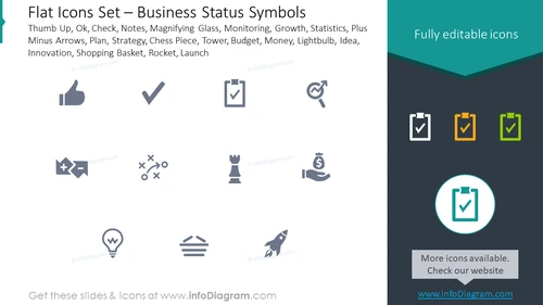 Flat icons set: business status symbols thumb up, OK, check, notes,