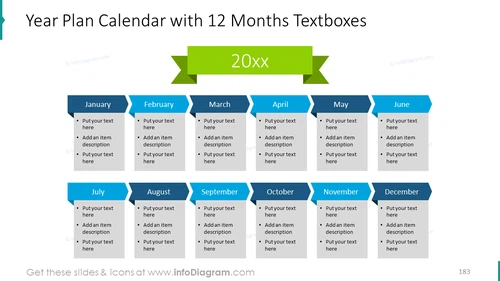 Year plan calendar with 12 months textboxes