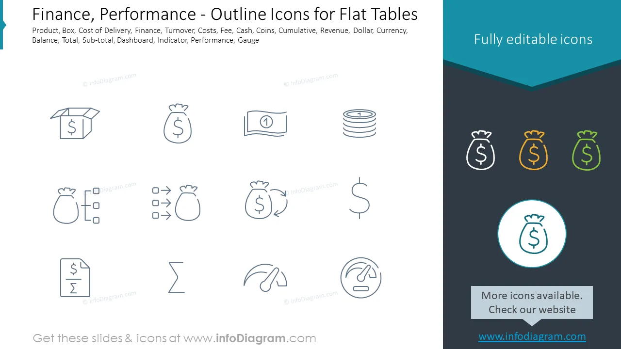 Finance, Performance - Outline Icons for Flat Tables