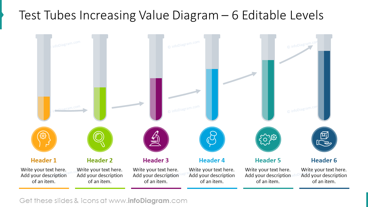 Test tubes increasing value diagram for six editable levels