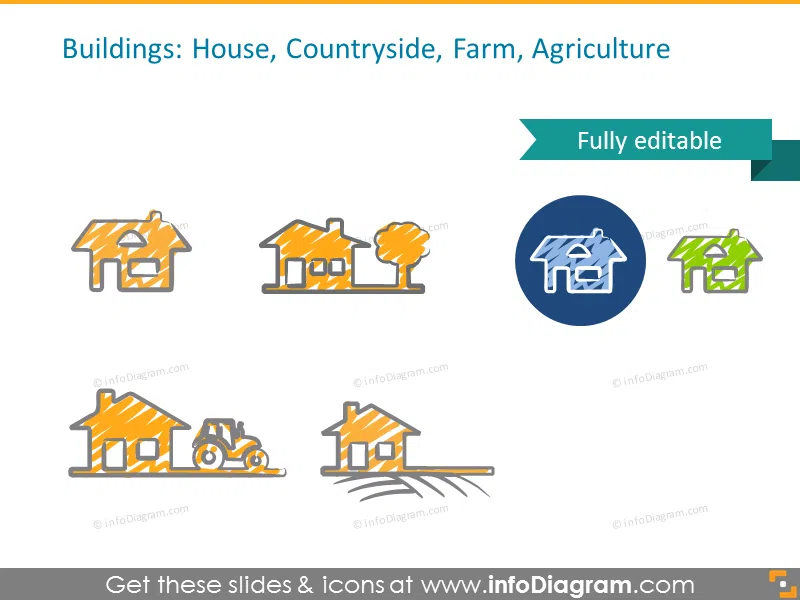  Buildings icons set: House, Countryside, Farm, Agriculture