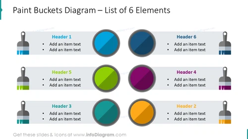 Paint buckets diagram with list of 6 elements