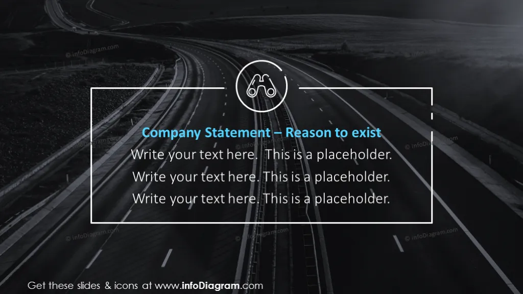 Company statement slide with outline icons on a picture background