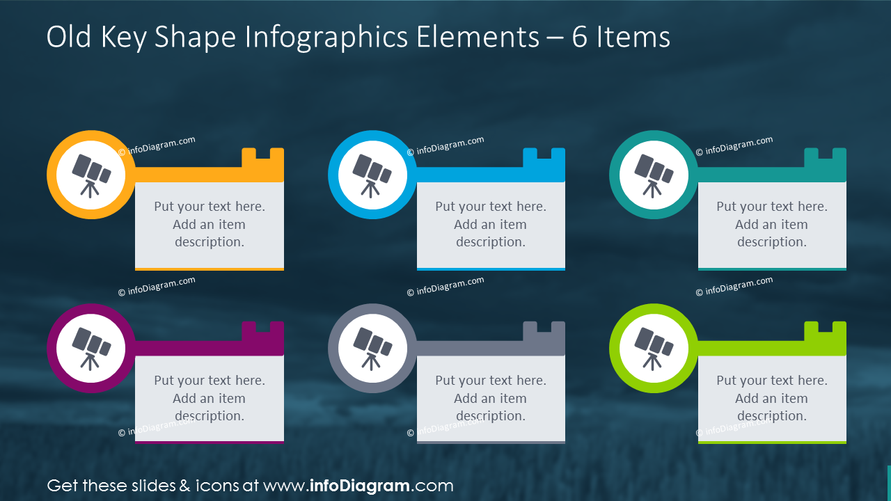 Old key shape infographics for 6 elements on dark background