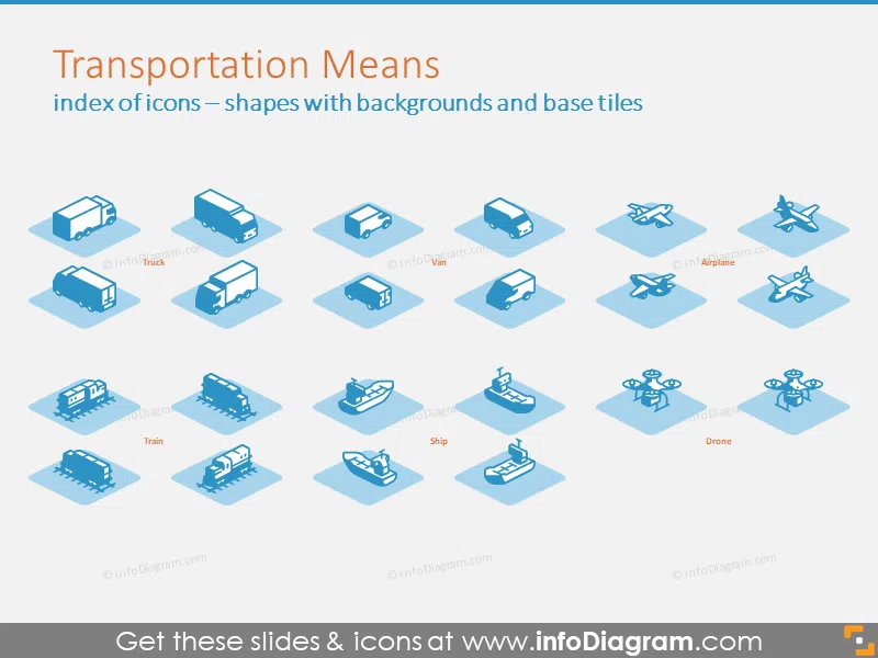 Transportation Means 3D shapes with backgrounds and base tiles