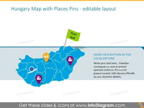 Editable Hungary map illustrated with places pins