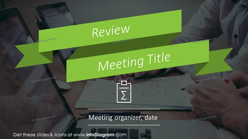 Review meeting title slide example with green ribbon stripe