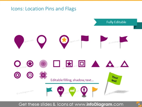 Location pins and flags icons set