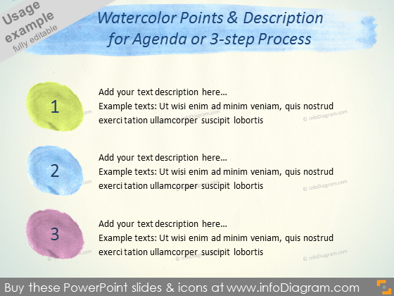 Water color circles agenda 3 step process handdrawn ppt clip art