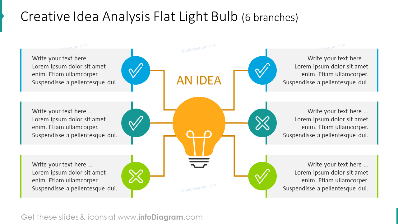 6 branches flat light bulb for creative idea analysis with modern symbols