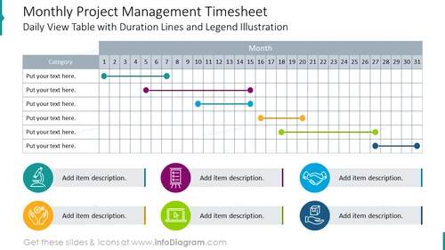 Monthly project management timesheet styled as a daily view table
