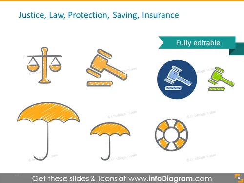 Example of Justice, Law, Protection, Saving, Insurance icons 