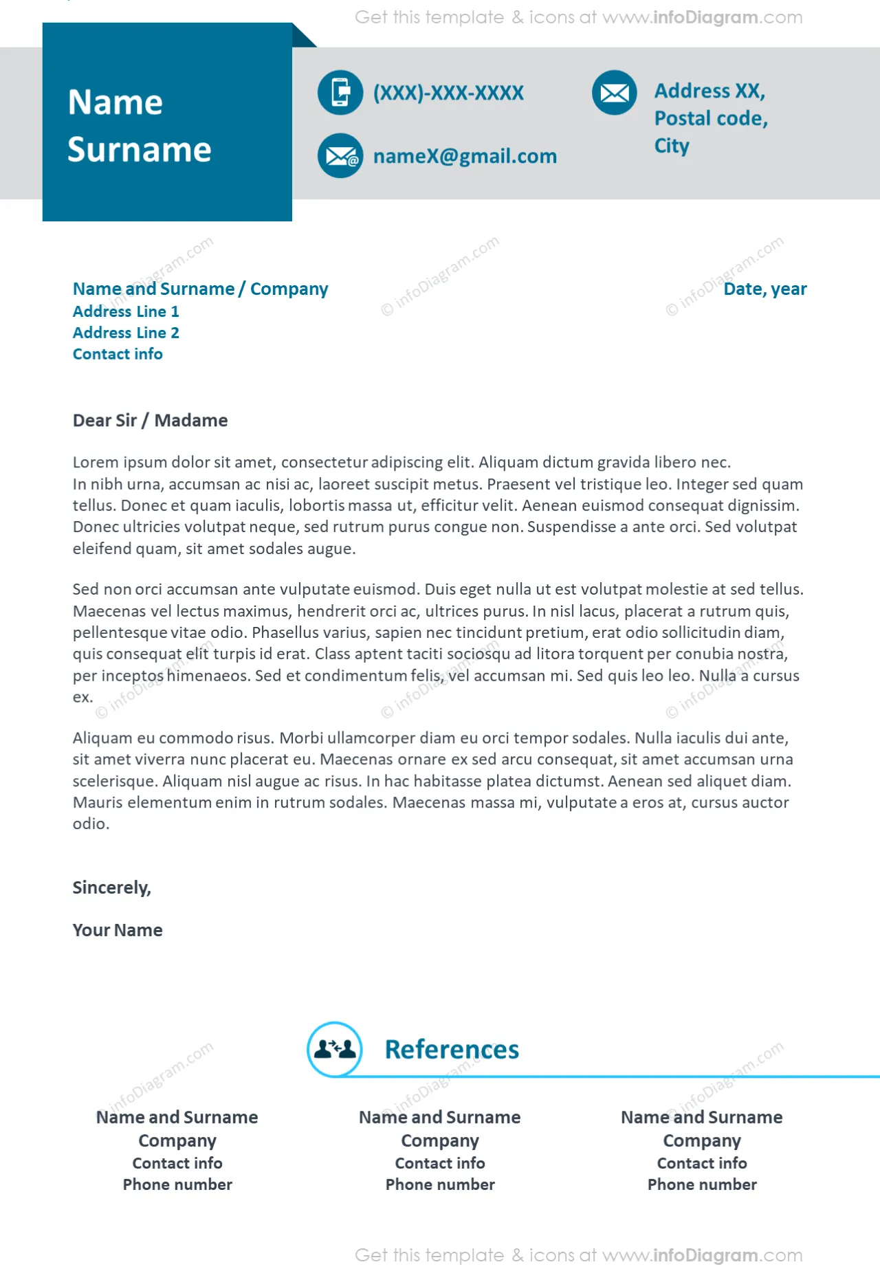Professional blue ribbon visual motivation letter and references example