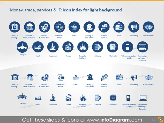 finanse trade services sectors icons dark flat ppt icons