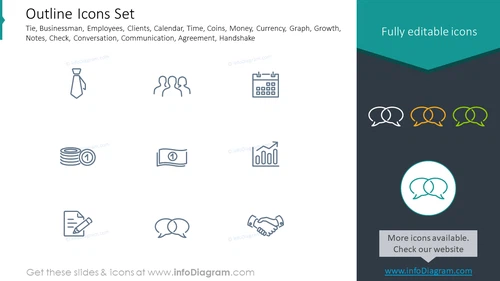 Outline icons: businessman, employees, clients, growth, notes 