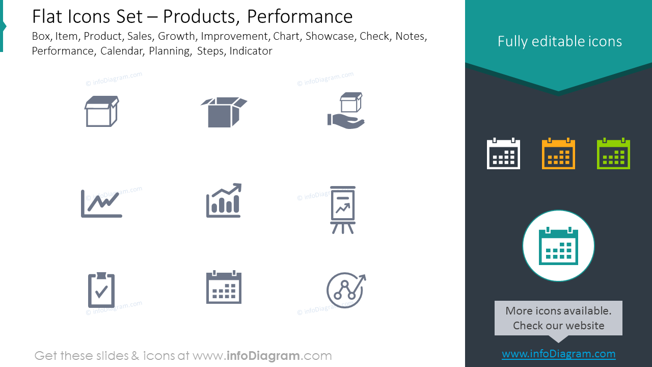 Flat Icons: Products, Product, Sales, Growth, Improvement, Showcase