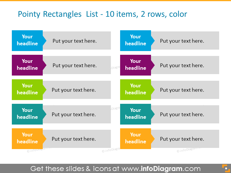 Example of colorful rectangles list  for 10 items in 2 rows 