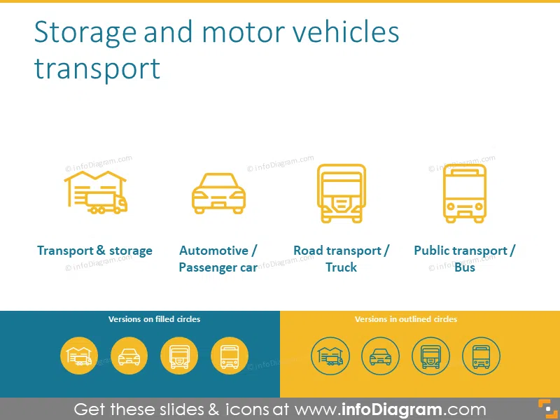 Storage and motor vehicles transport icons set