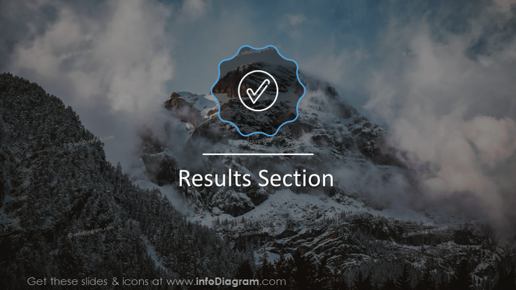 Results section slide on a mountain background with outline icon