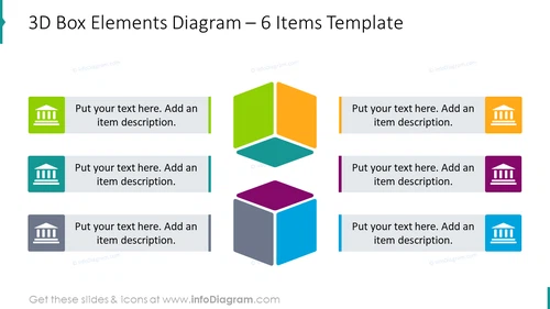 3D box elements slide for 6 items with flat icons
