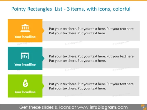 Pointy Rectangle Colored List for 3 Items PPT Template