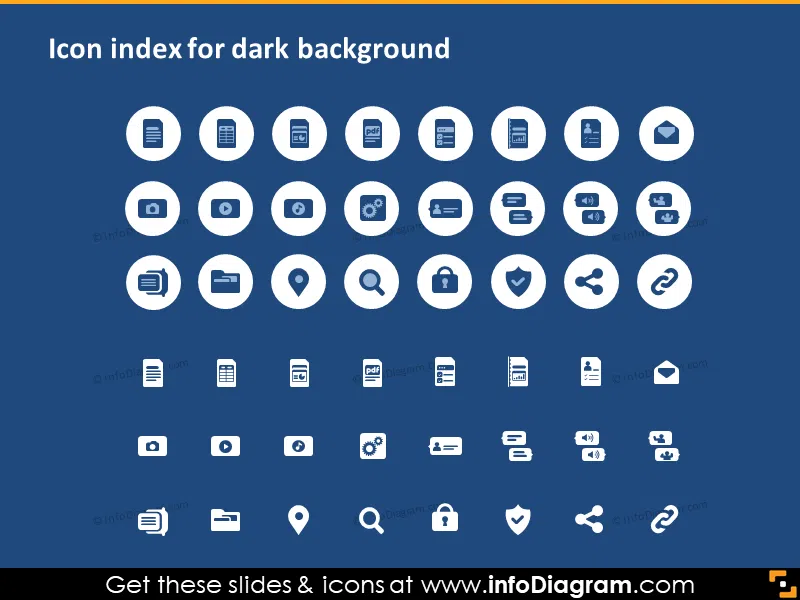 IT icons share email report database PPTX clipart index dark blue background