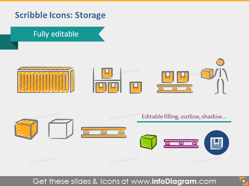 scribble storage magazine package palette icons ppt infographics