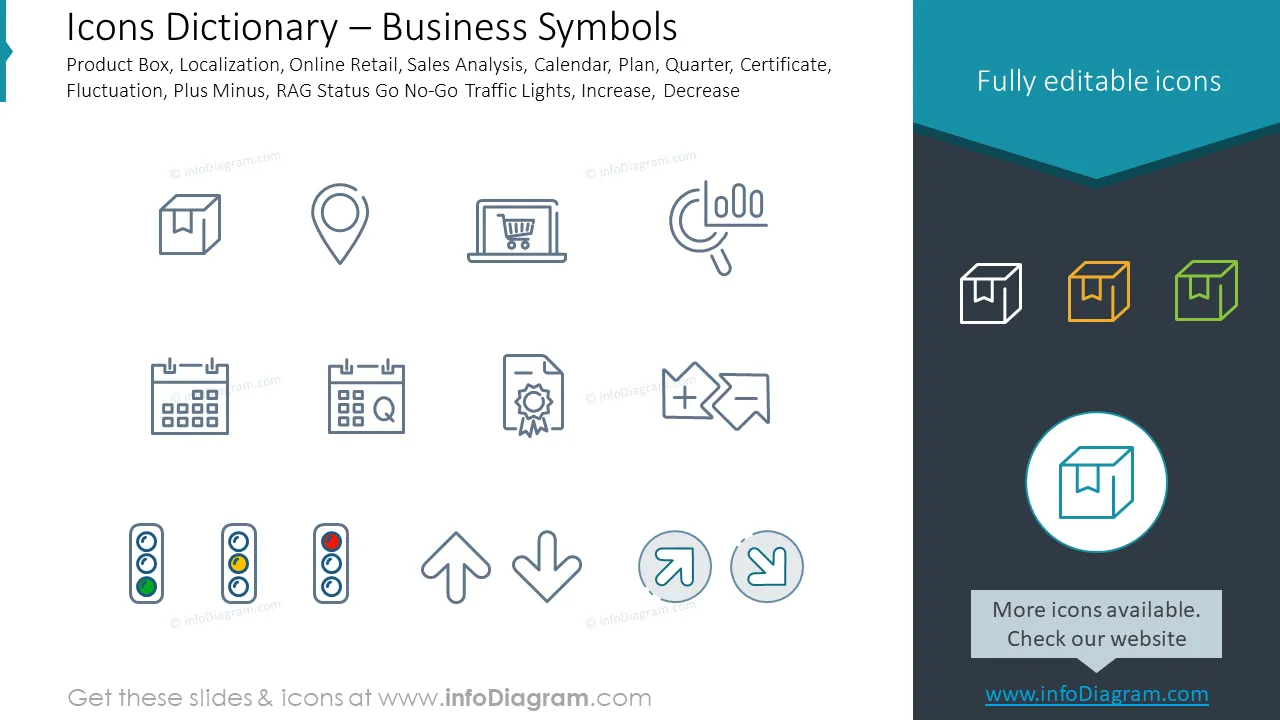 Icons Dictionary – Business SymbolsProduct Box, Localization, Online Retail, Sales Analysis, Calendar, Plan, Quarter, Certificate, Fluctuation, Plus Minus, RAG Status Go No-Go Traffic Lights, Increase, Decrease