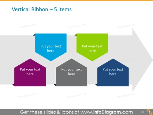 vertical ribbon timeline for 5 items with arrow on background