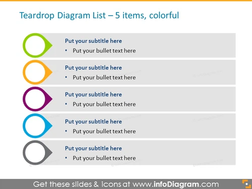 Colorful Teardrop List for 5 Items PPT Template