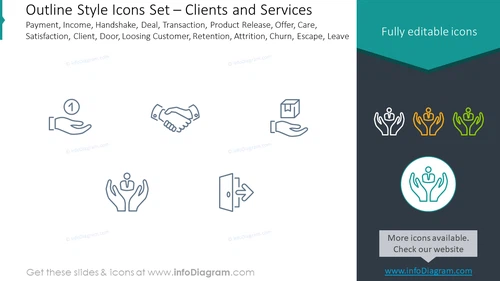 Outline icons set: payment, income, handshake, deal, transaction