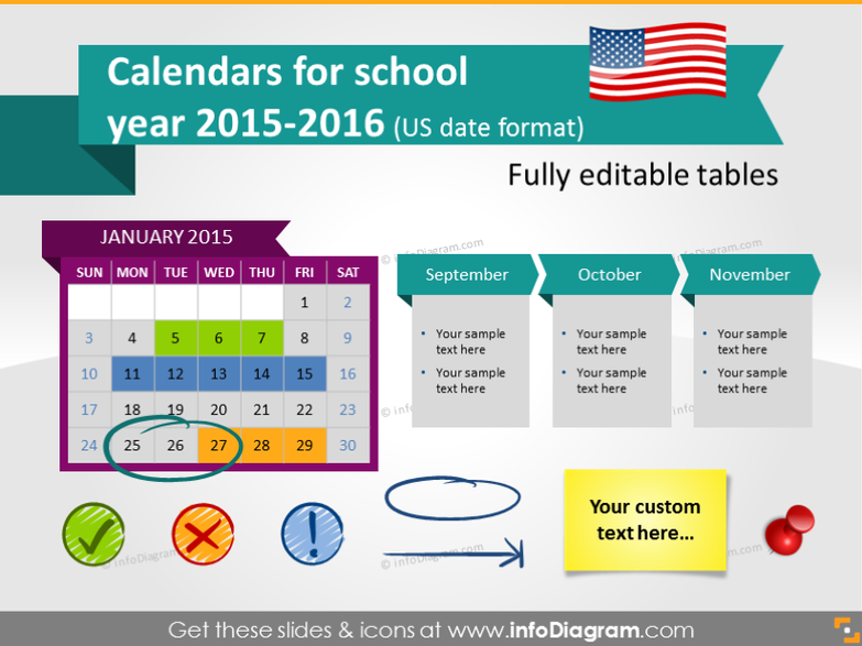 School Calendars 2015 2016 graphics (US date format, PPT tables and icons)