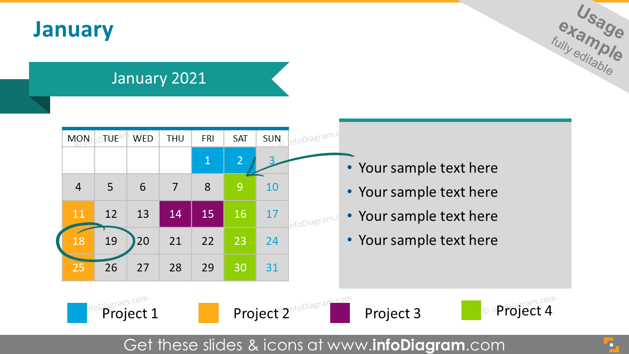 Monthly project calendar 2020 graphics: January