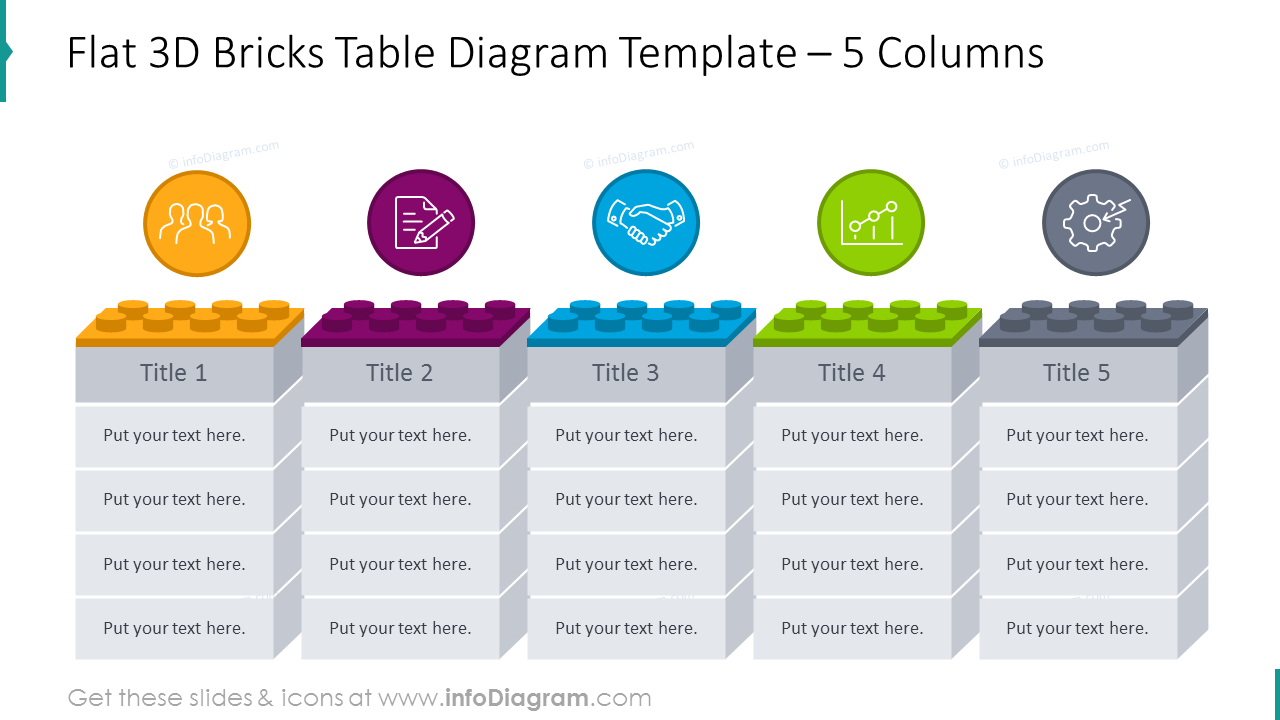 3D bricks table diagram with flat icons illustrating 5 columns