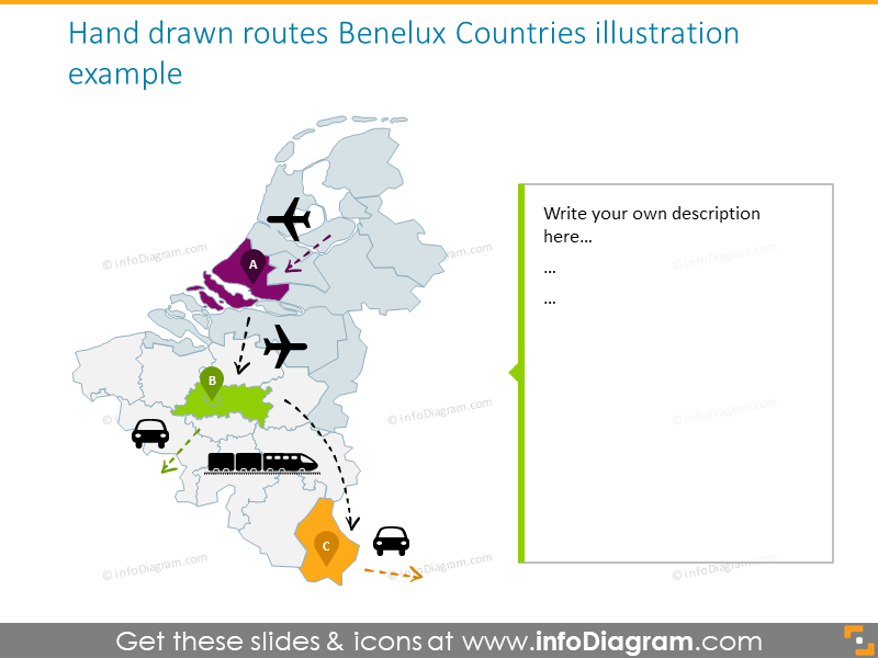 Benelux countries hand drawn routes map 